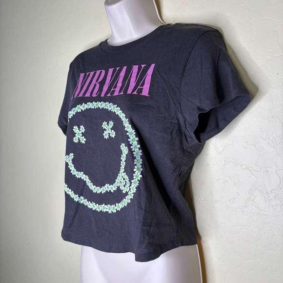 Nirvana Floral Smiley Face Black Graphic T-Shirt Y2k Grunge Nwot Size Large L - Picture 4 of 9